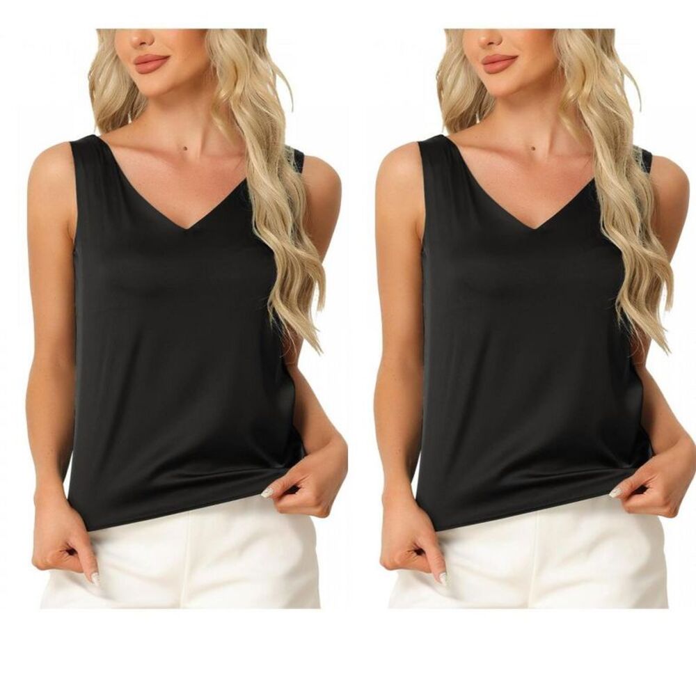 INSPIRE CHIC -  Women's 2 Pcs Tank Top Silky Satin Ca Black